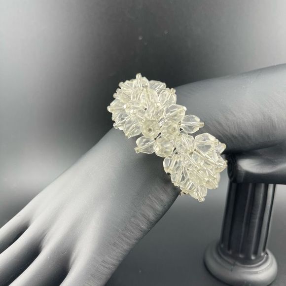 Mid Century Japan Expandable Bracelet Clear Crystal Beaded Cha Cha - Picture 2 of 7